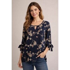 Creative Commune Floral Bird Blouse Tie Sleeve Keyhole Top L Boho Boutique